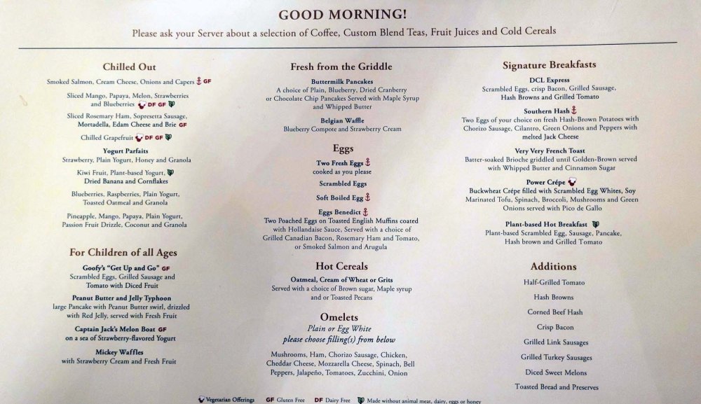 Disney Fantasy Breakfast menu