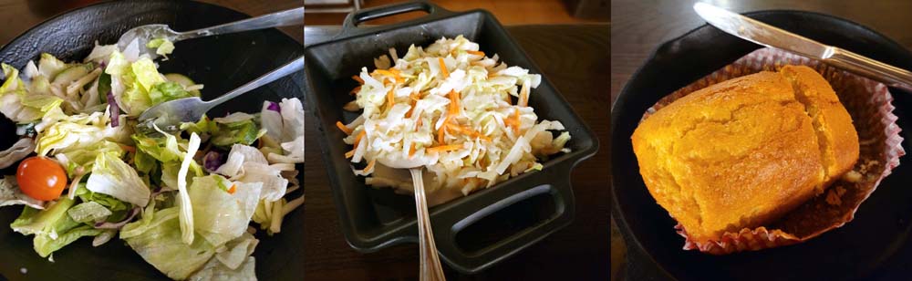 3 pictures of tossed salad, coleslaw, ad corn bread Hoop-De-Doo Musical Revue