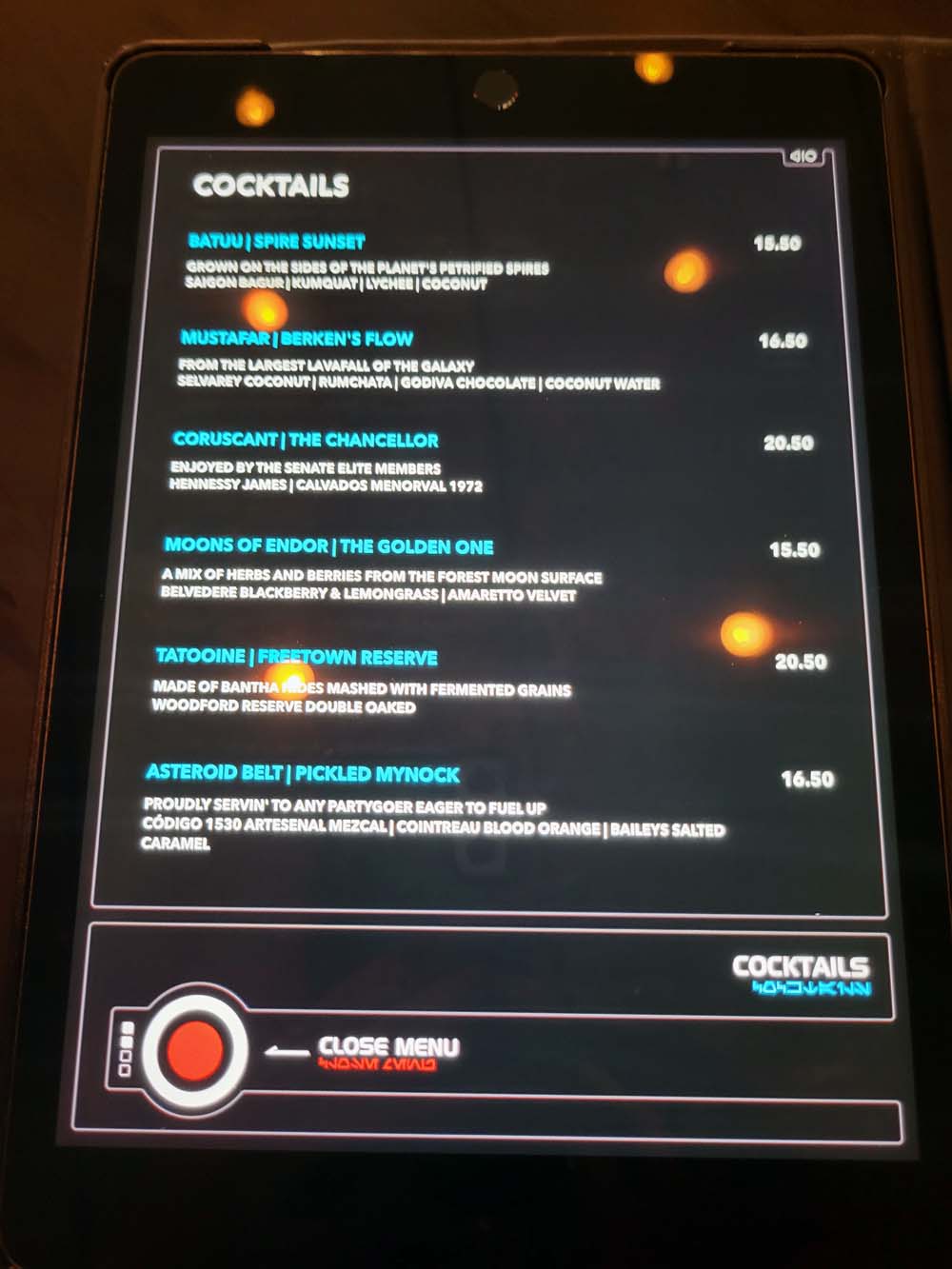 Star Wars Hyperspace Lounge cocktail menu