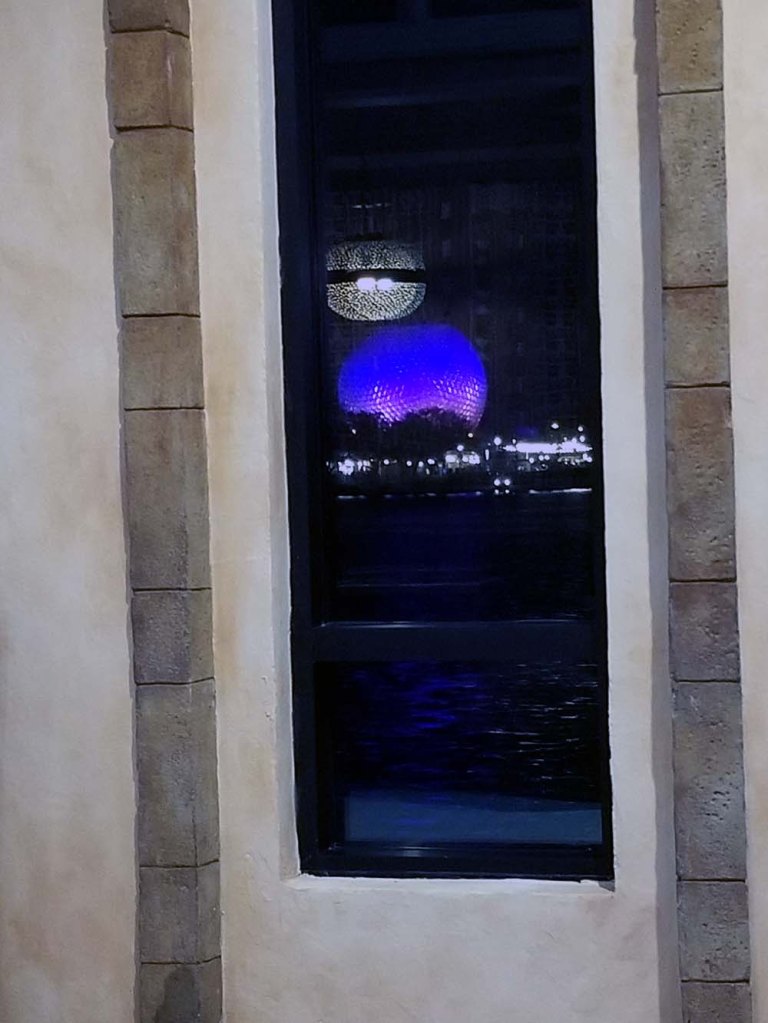 Spice Road Table - viewing out of the window over Epcot lake towards Space Ship Earth