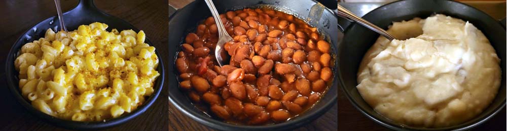3 images of macaroni and cheese, baked beans, and mashed potatoes Hoop-De-Doo Musical Revue
